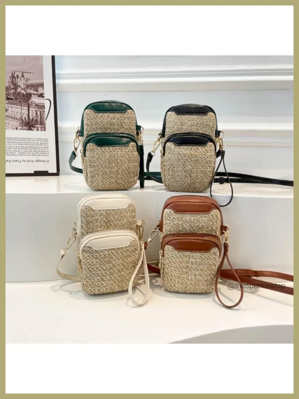 Woven Straw Crossbody Bag for Women Lightweight Multi Zipper Pockets Wristlet
